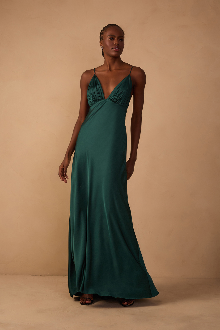 Pomar Green Draped Satin V-Neck Gown with Spaghetti Straps – Thati