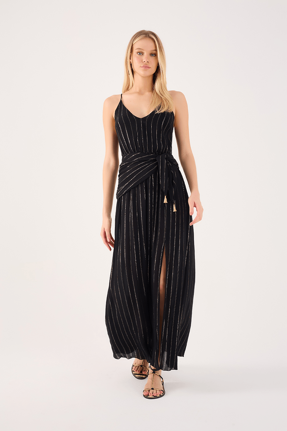 Long Lurex Tie-Bodice Dress_1