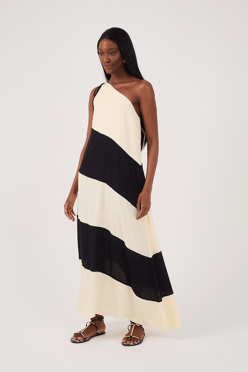 Beige and Black Crepe Maxi Dress with Cutouts