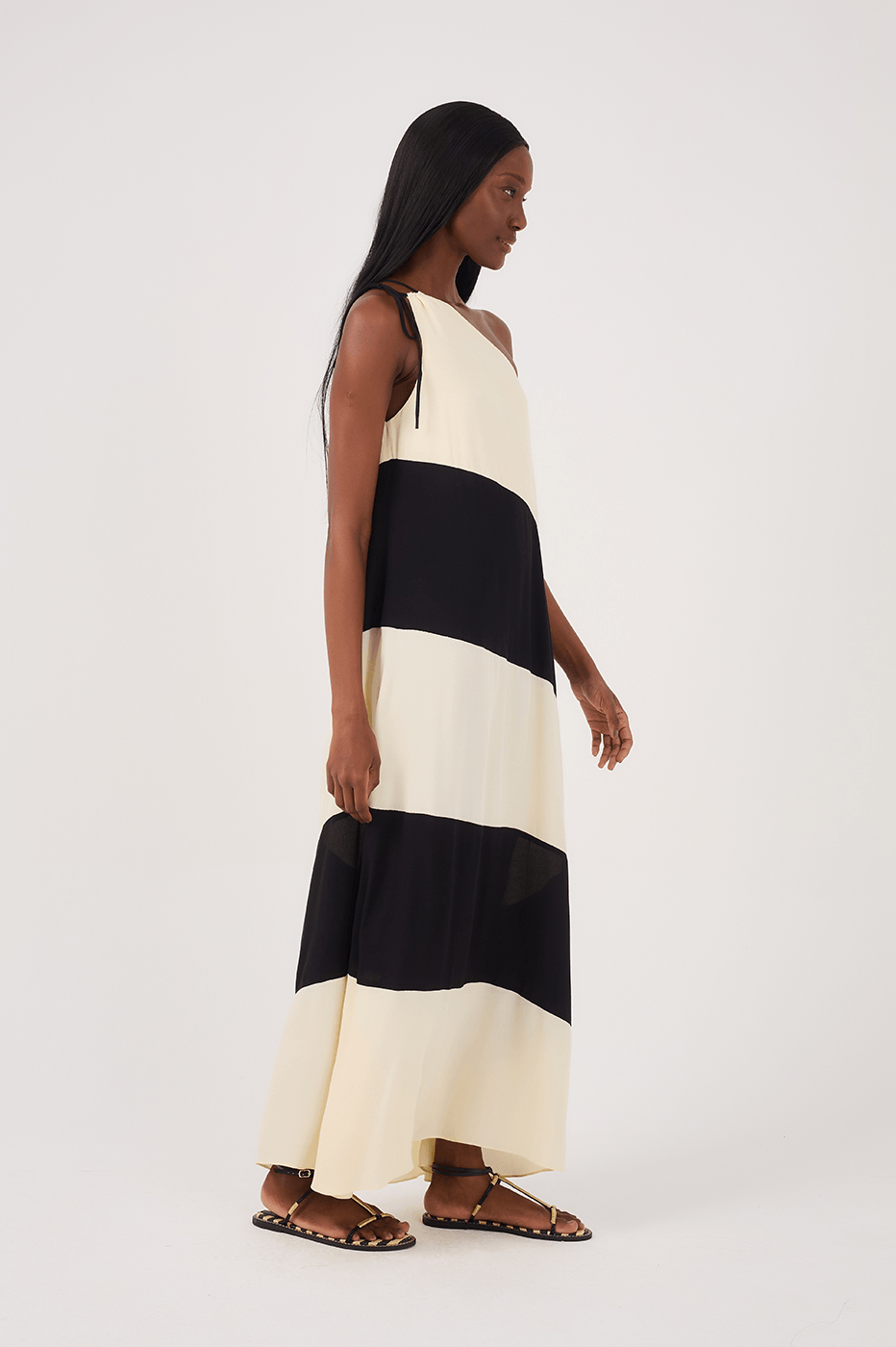 Beige and Black Crepe Maxi Dress with Cutouts