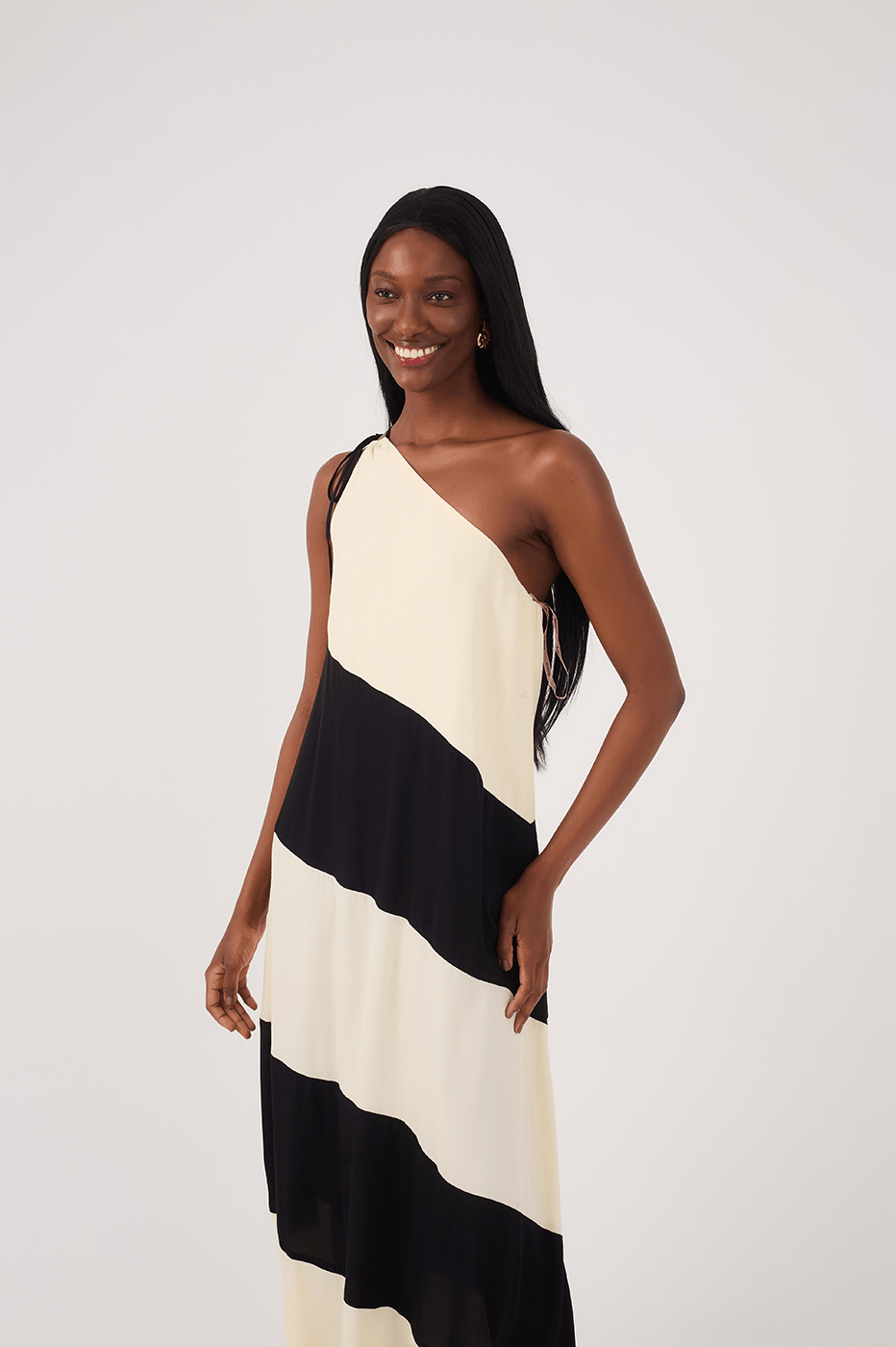 Beige and Black Crepe Maxi Dress with Cutouts