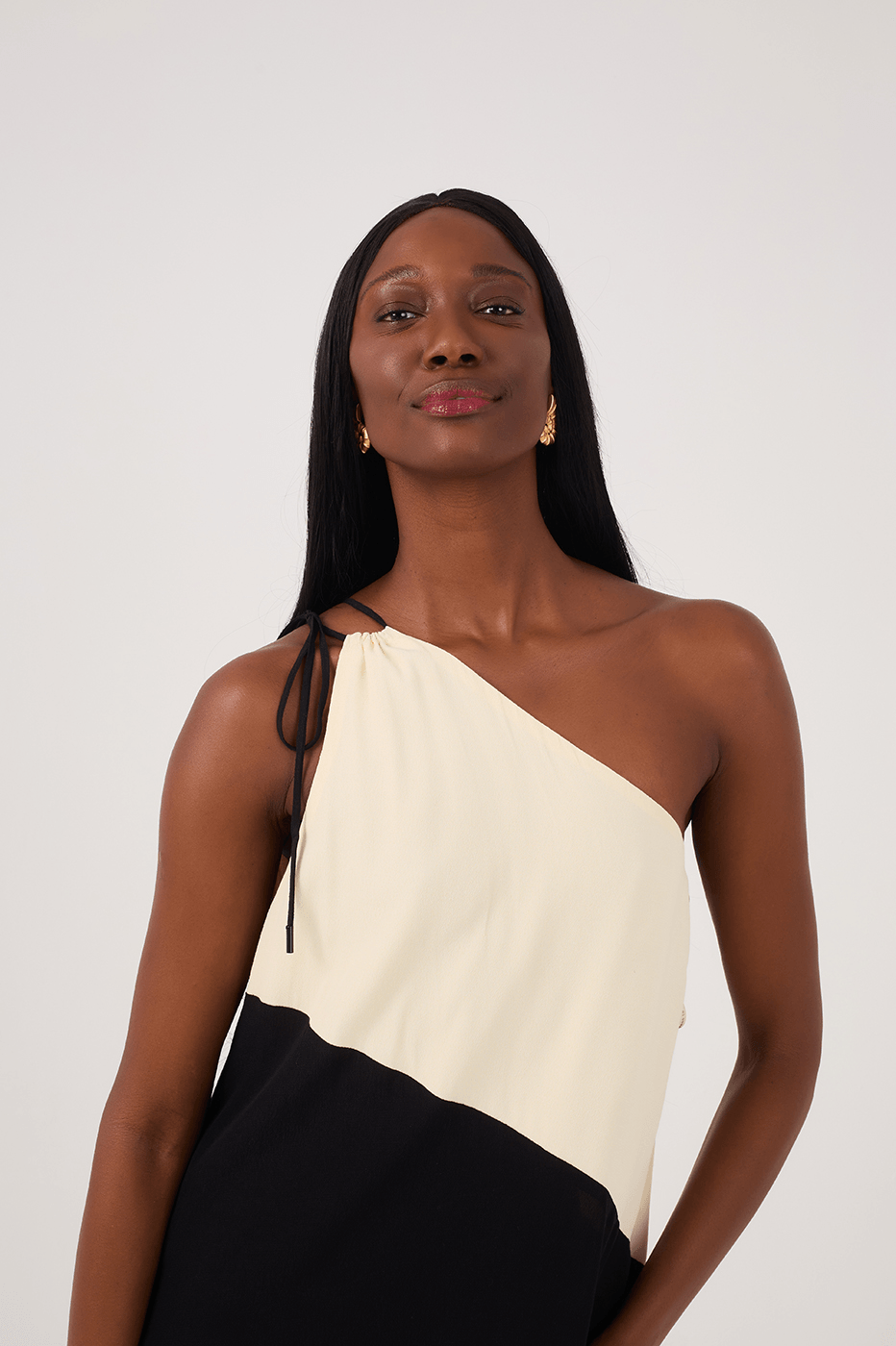 Beige and Black Crepe Maxi Dress with Cutouts
