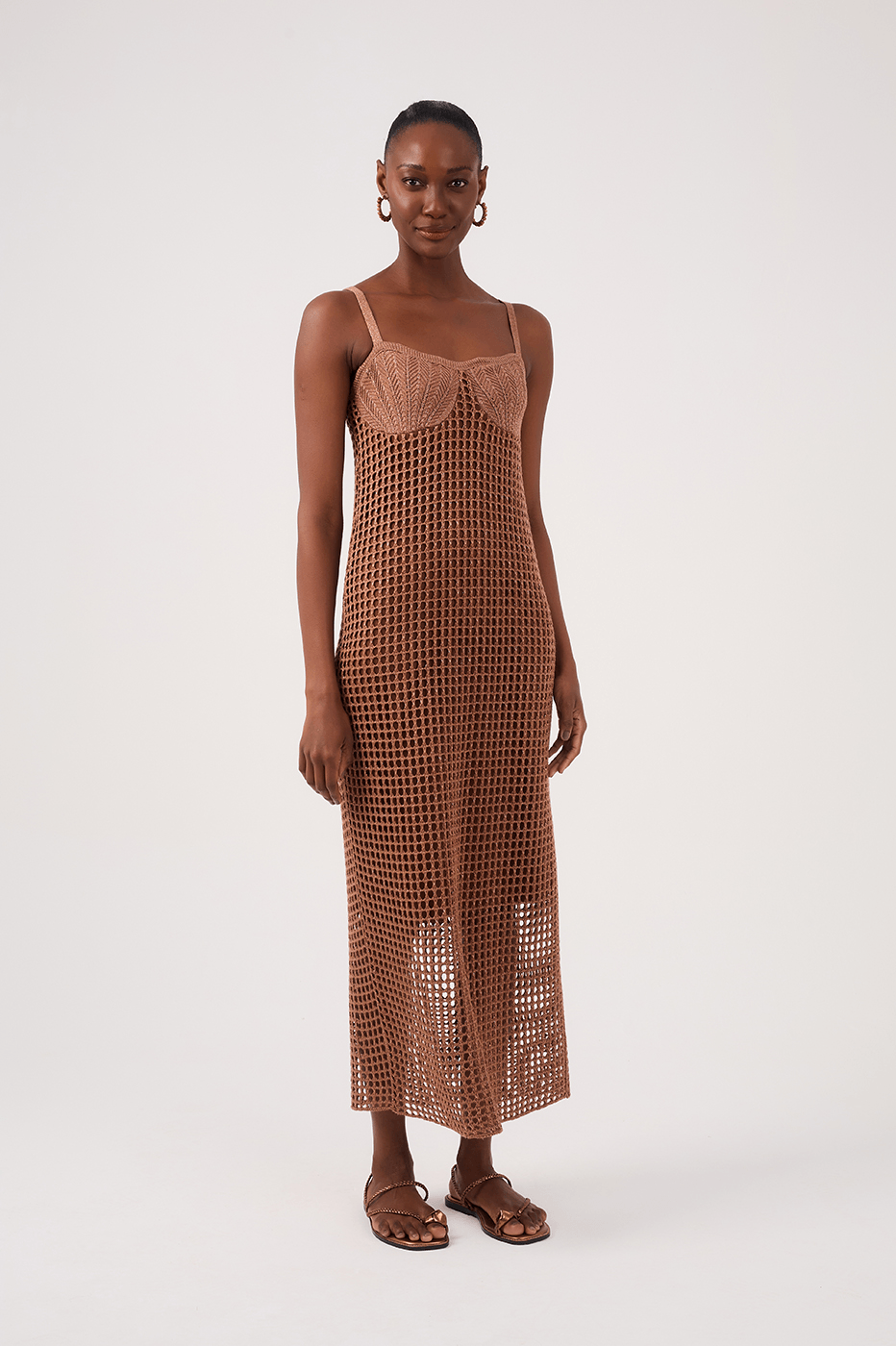 Crochet Shell Midi Dress in Gold