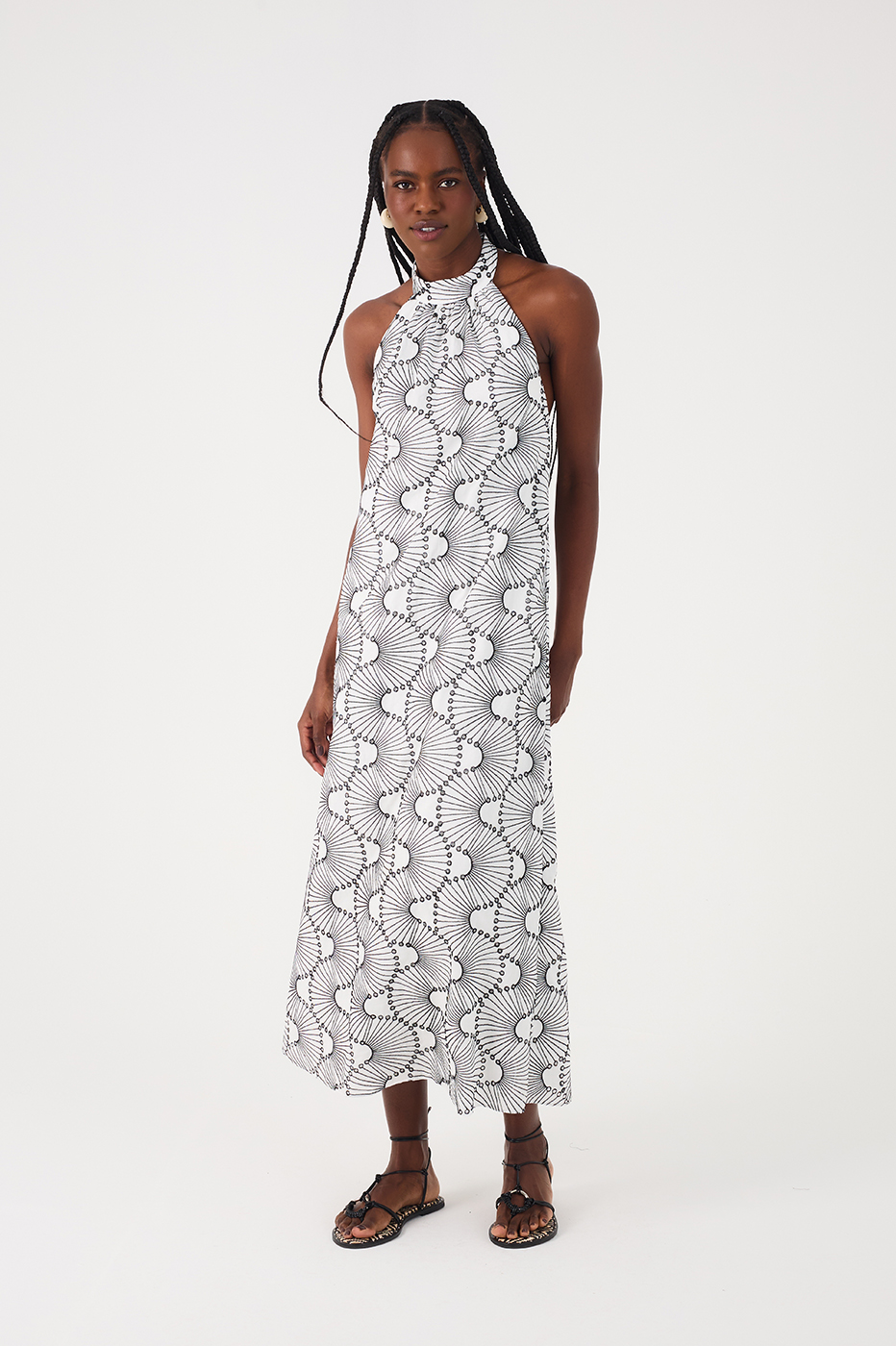 Off-White Embroidered Waves Cotton Midi Dress