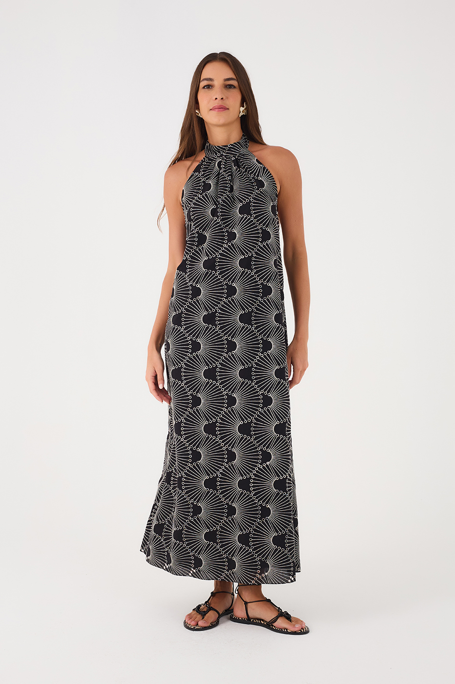 Off-White Embroidered Waves Cotton Maxi Dress