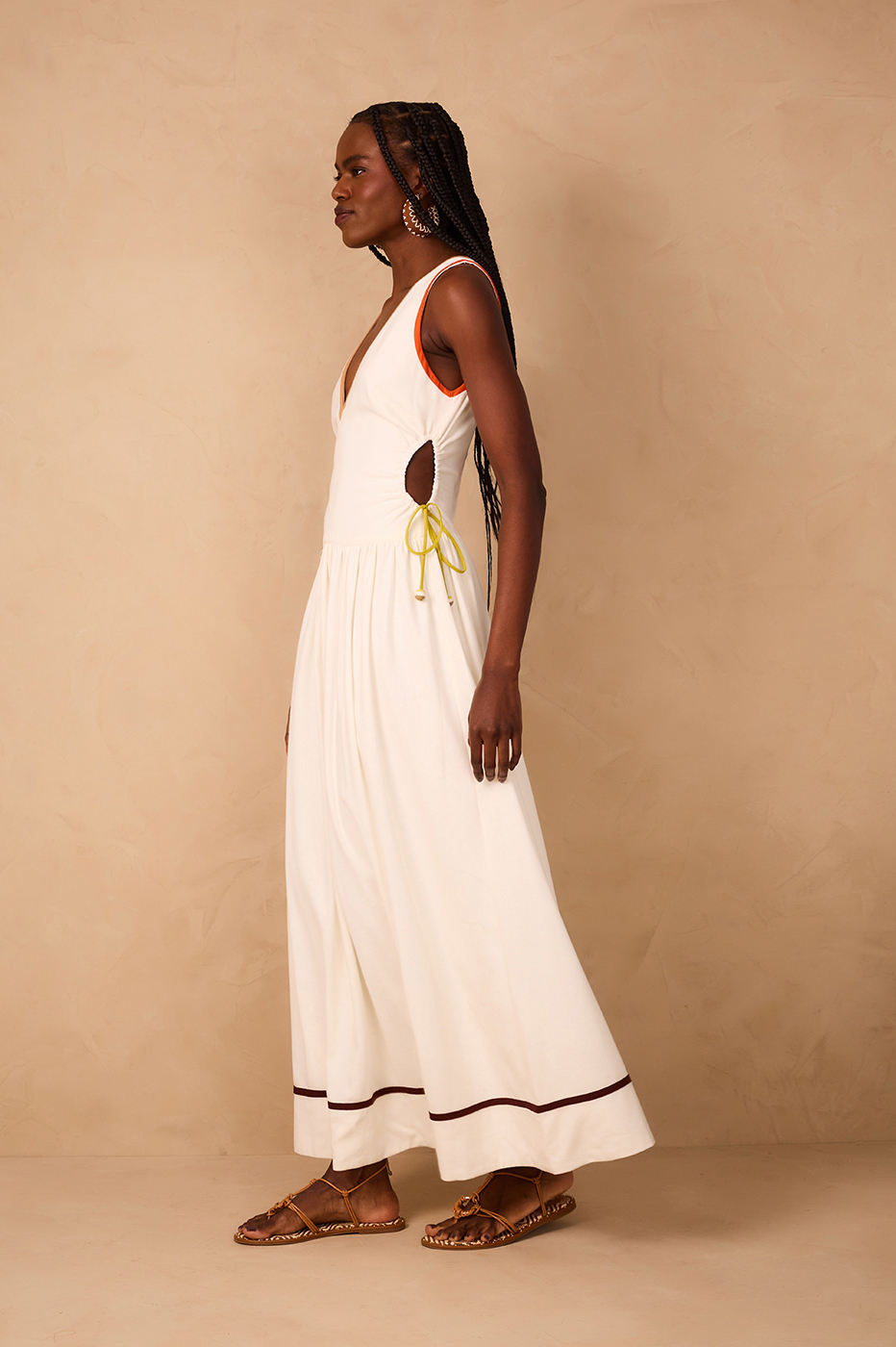 Off-White Side Cut-Out Colorful Ties Linen Maxi Dress