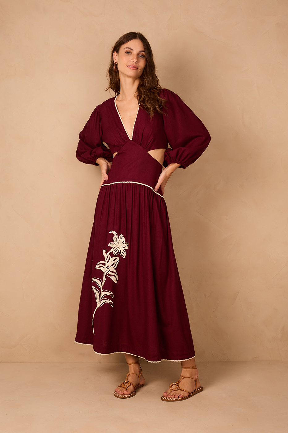 Wine Bossa Embroidered Flowers Puff Sleeve Linen Maxi Dress