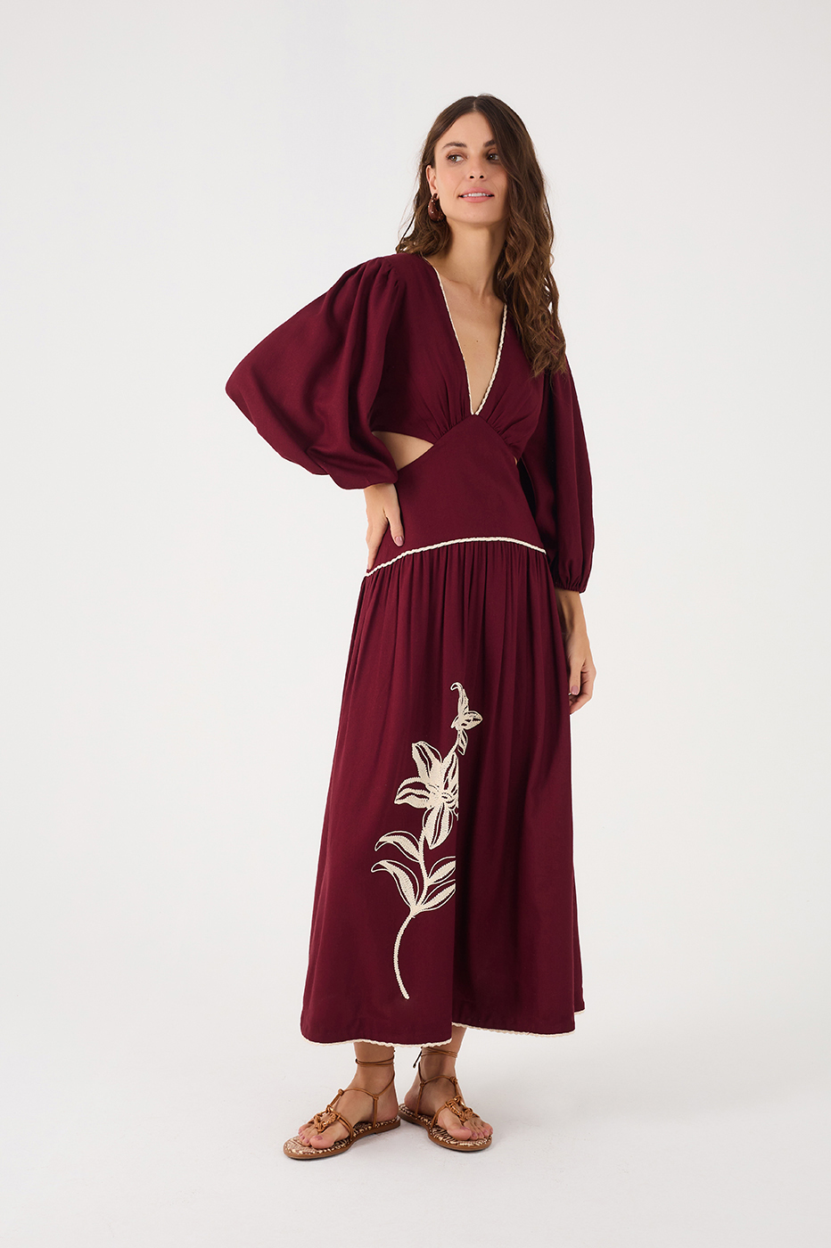 Wine Bossa Embroidered Flowers Puff Sleeve Linen Maxi Dress