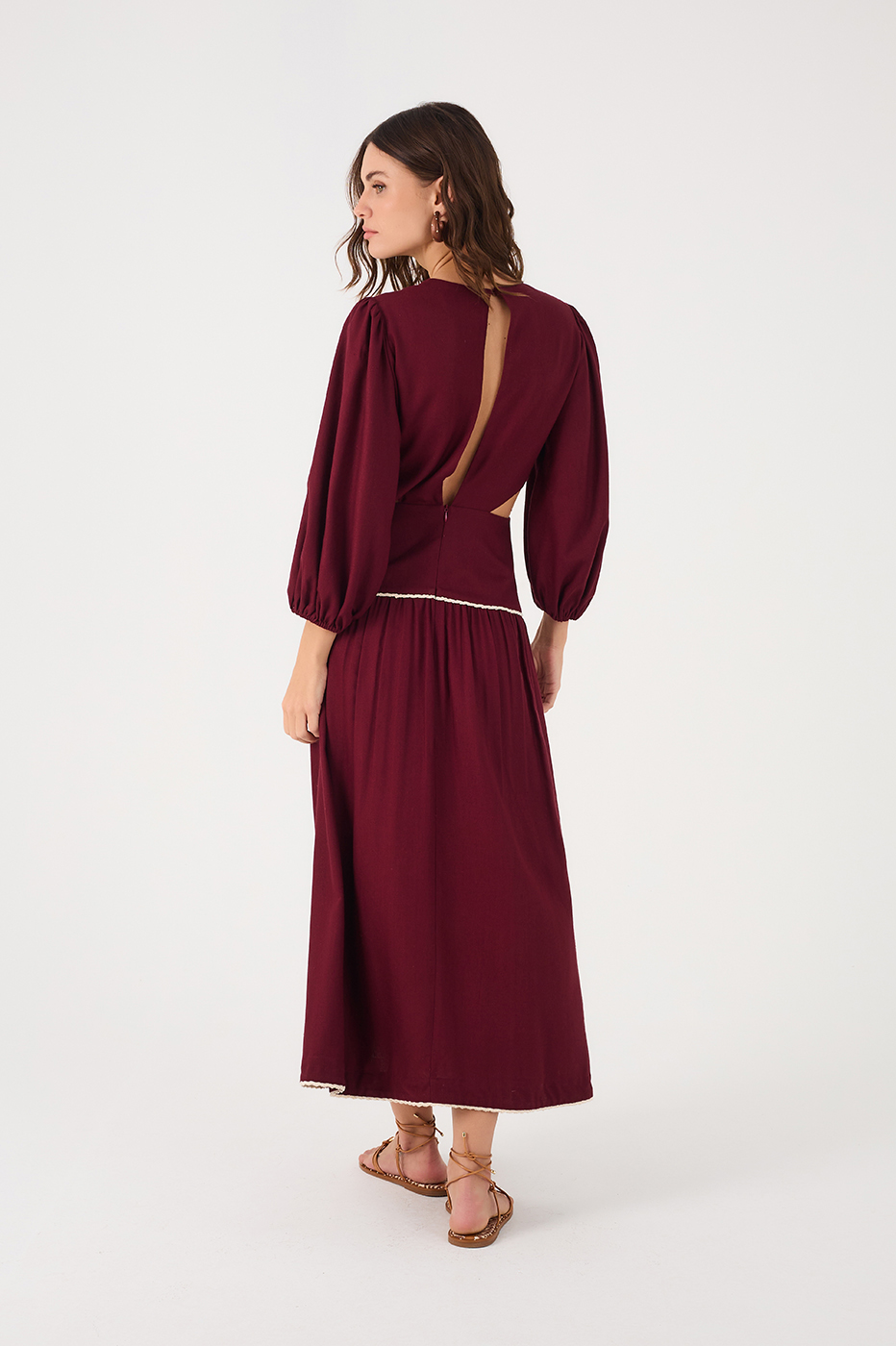 Wine Bossa Embroidered Flowers Puff Sleeve Linen Maxi Dress