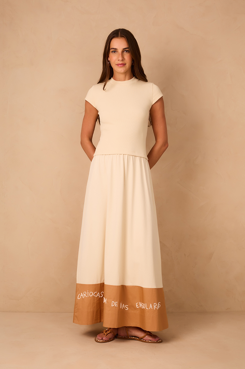 Off-White Carioca Embroidered Hem Short Sleeve Maxi Dress