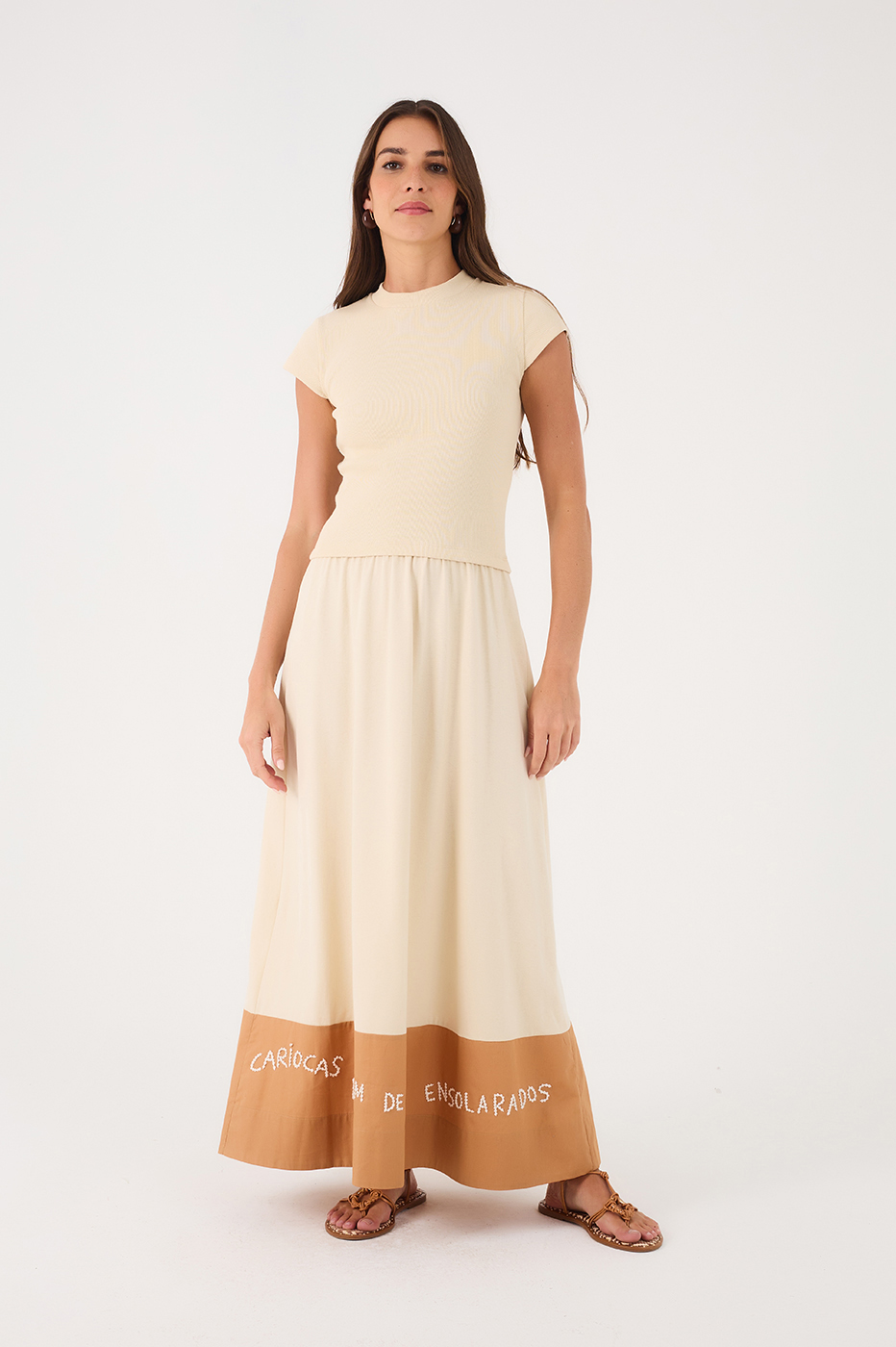 Off-White Carioca Embroidered Hem Short Sleeve Maxi Dress