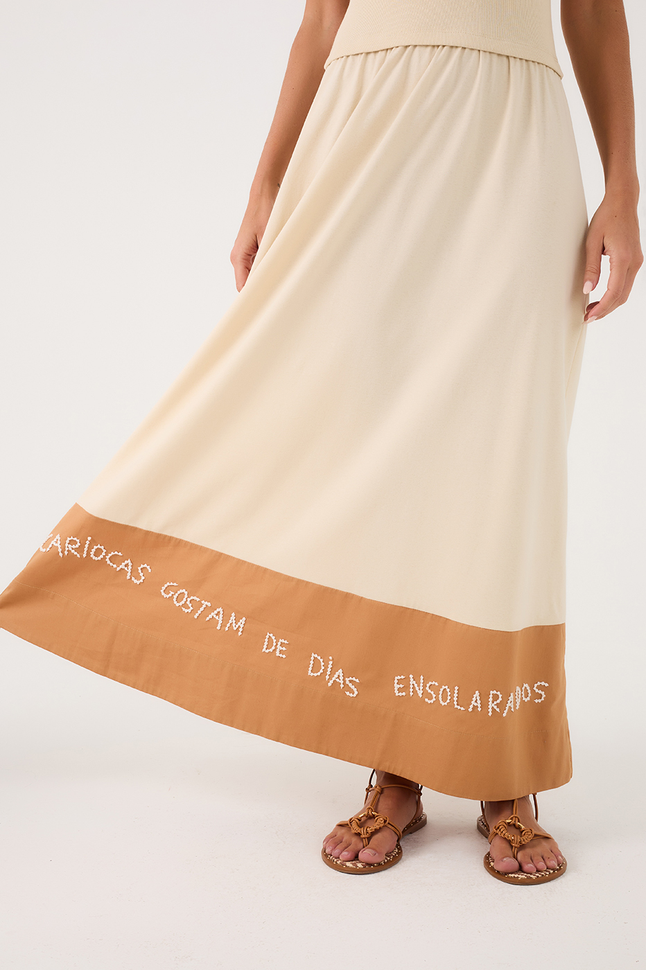 Off-White Carioca Embroidered Hem Short Sleeve Maxi Dress