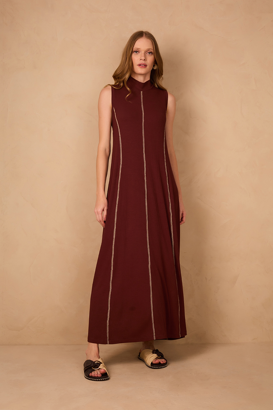 Brown Caffeine Ribbed Stitch  Maxi Dress