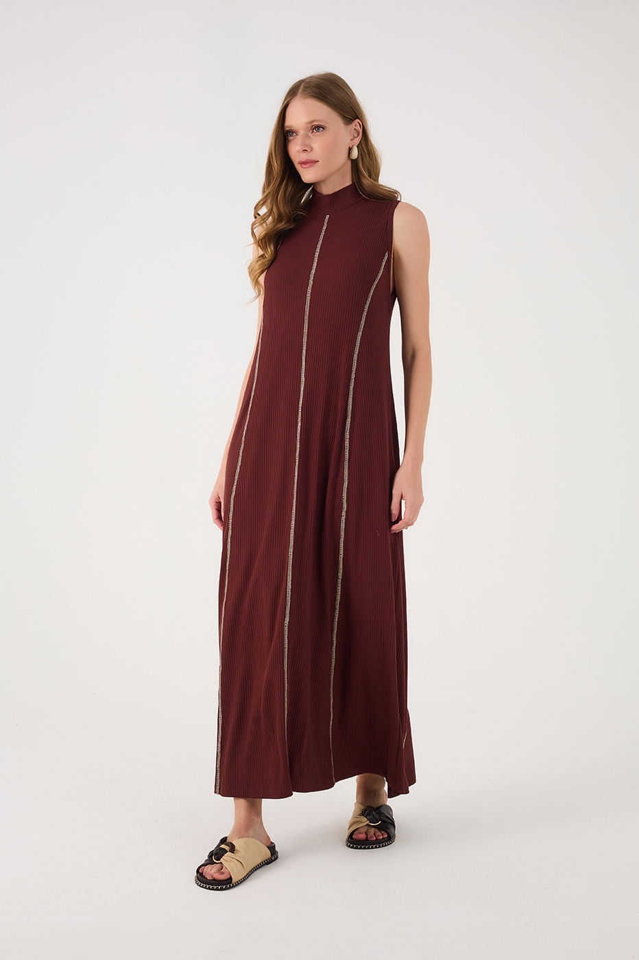 Brown Caffeine Ribbed Stitch  Maxi Dress