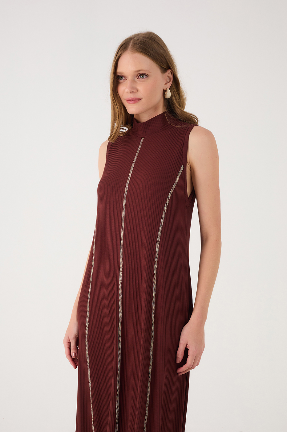 Brown Caffeine Ribbed Stitch  Maxi Dress