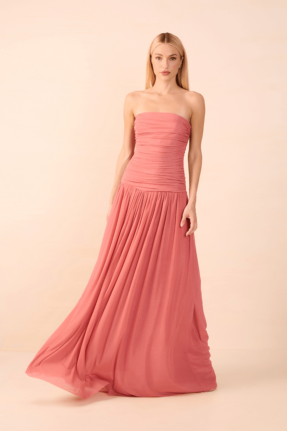 Pink Strapless Draped Tulle Maxi Dress