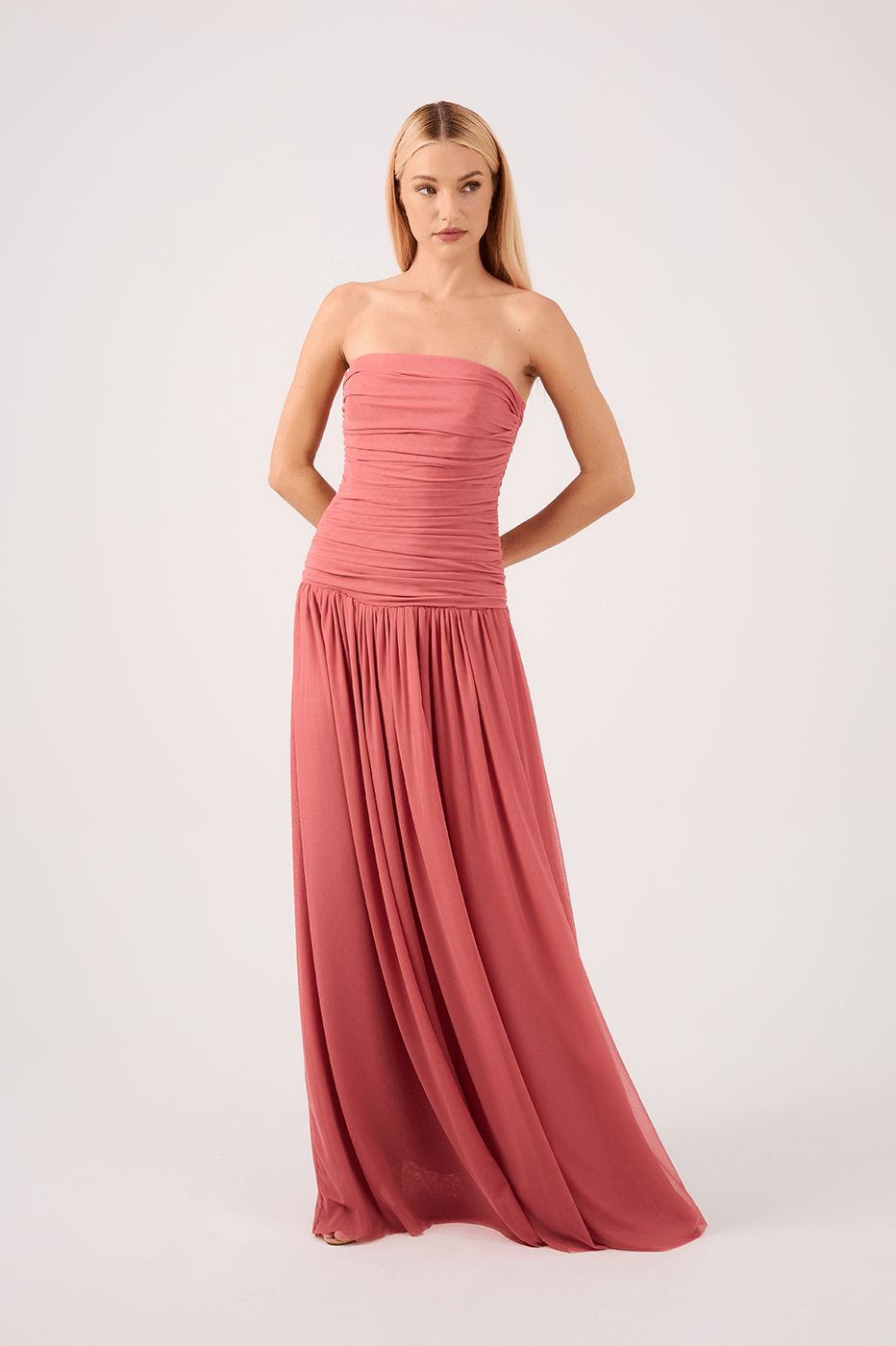 Pink Strapless Draped Tulle Maxi Dress