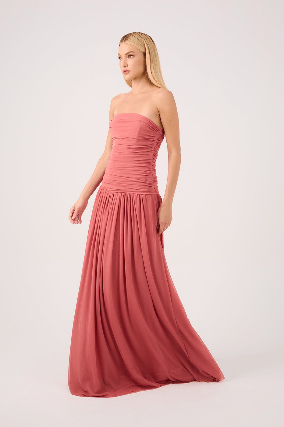 Pink Strapless Draped Tulle Maxi Dress