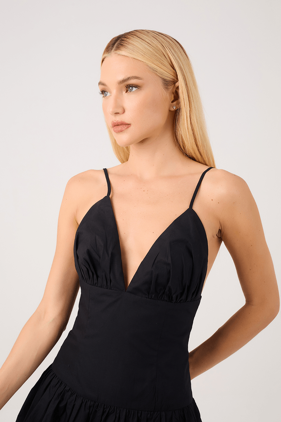 Black V-Neck Bubble Hem Cotton Mini Dress_4
