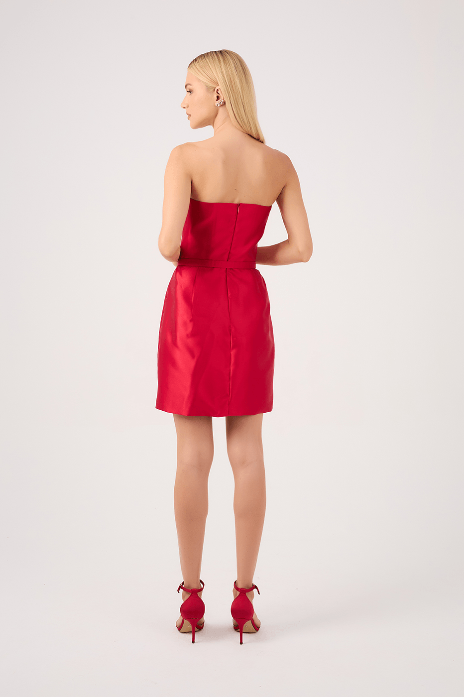 Red Strapless Tulip-Belt Mini Dress