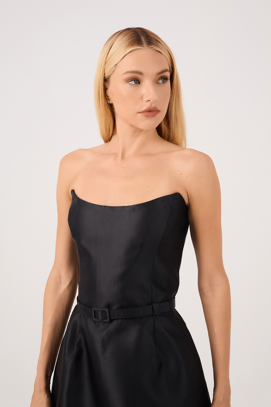 Black Strapless Tulip-Belt Mini Dress