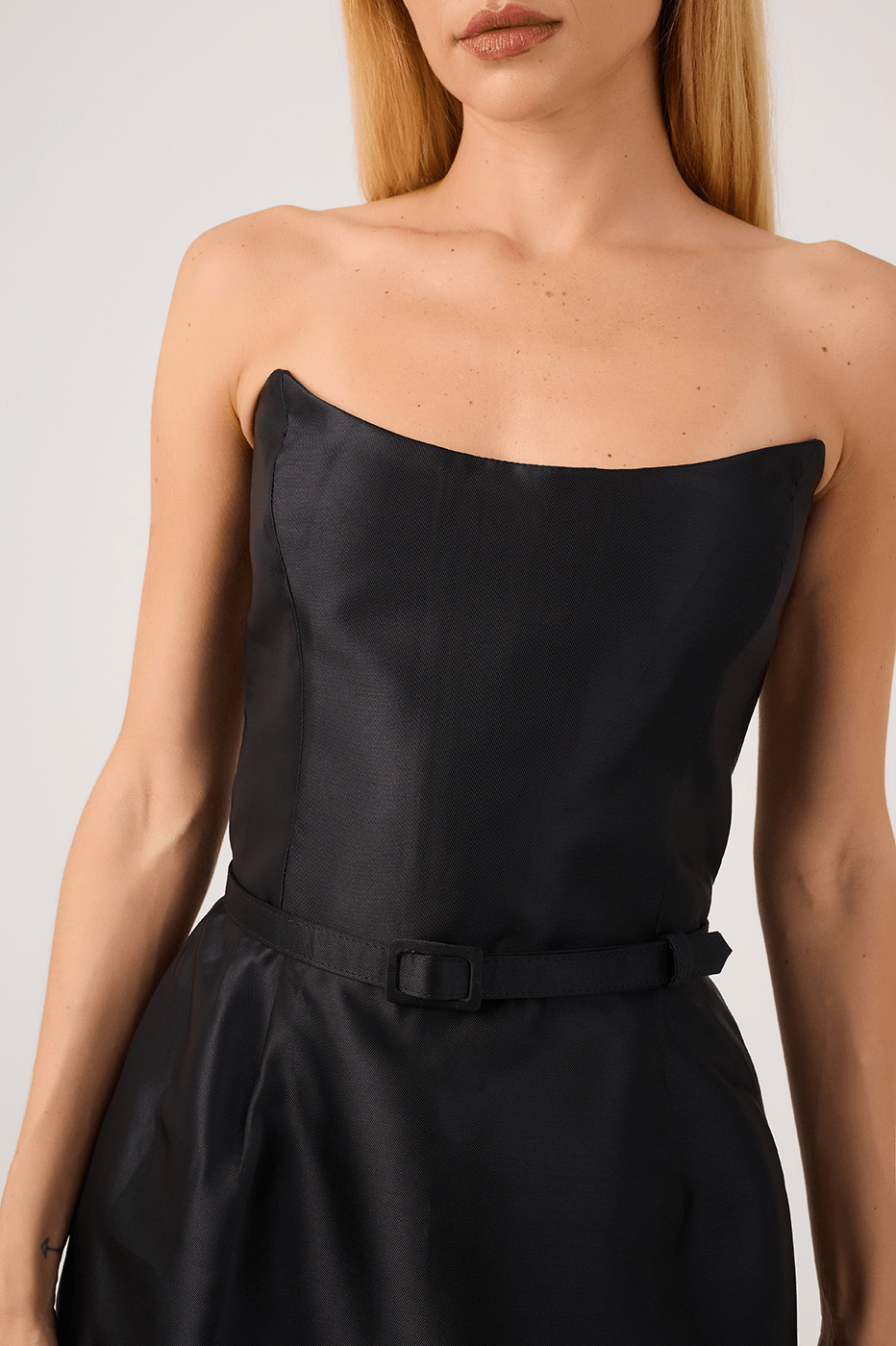 Black Strapless Tulip-Belt Mini Dress