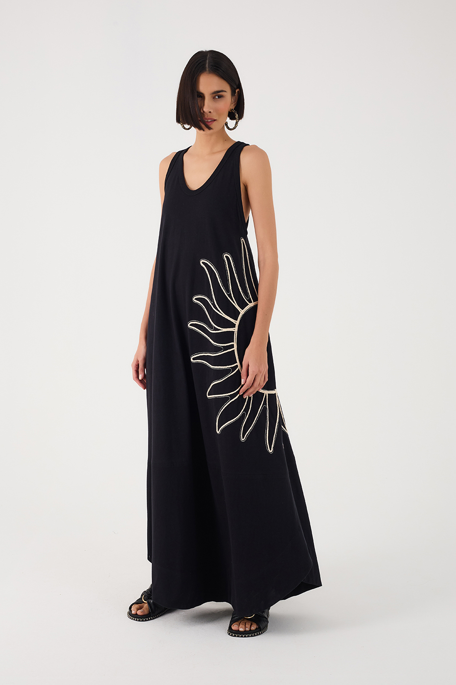 Black Embroidered Sun Sleeveless Relaxed Maxi Dress