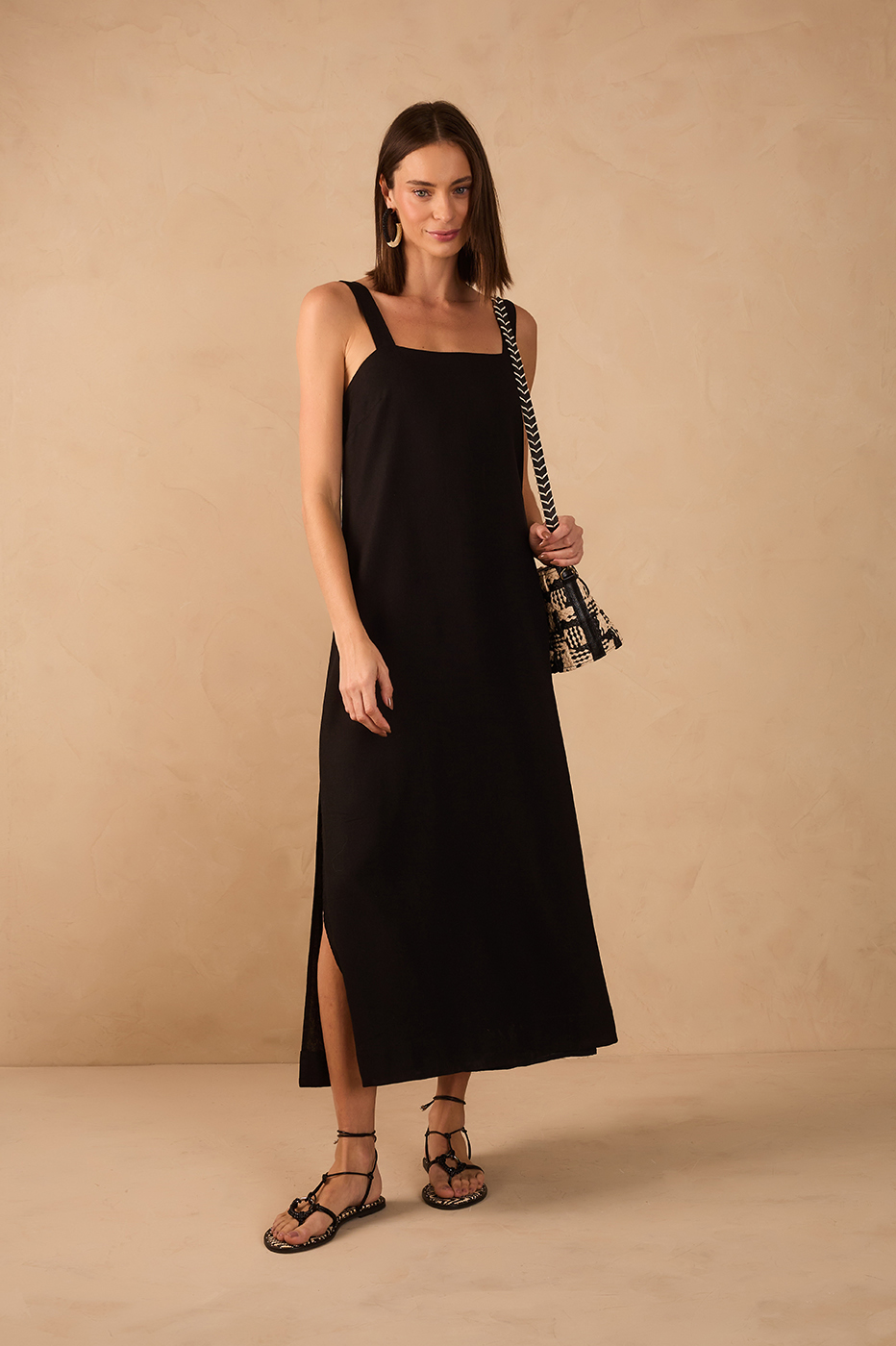 Black Square Neck Back Ties Slits Maxi Dress