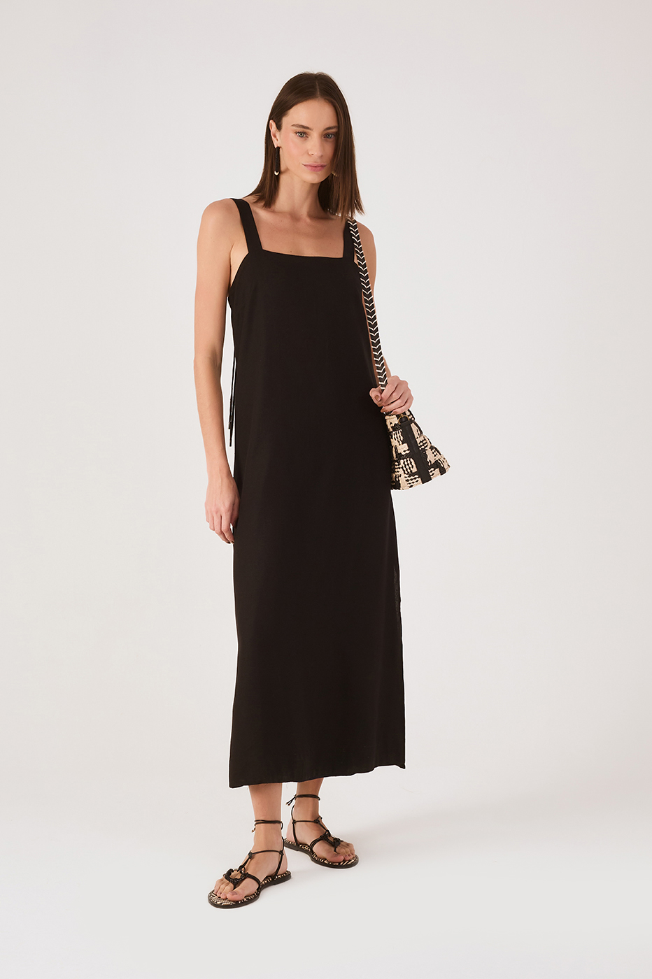 Black Square Neck Back Ties Slits Maxi Dress