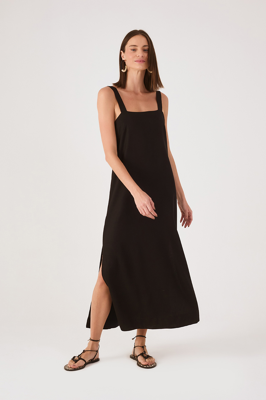 Black Square Neck Back Ties Slits Maxi Dress in Black