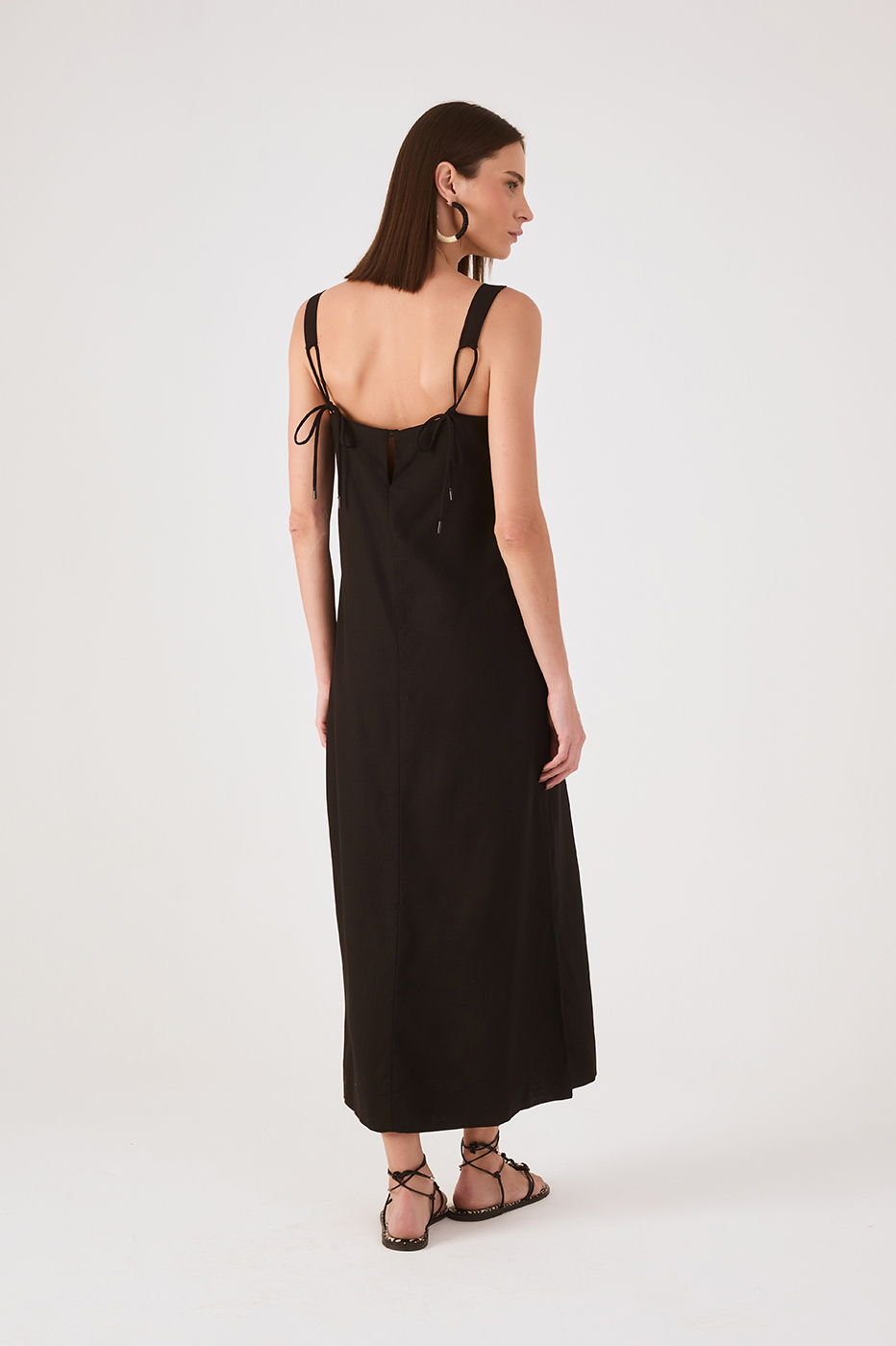 Black Square Neck Back Ties Slits Maxi Dress