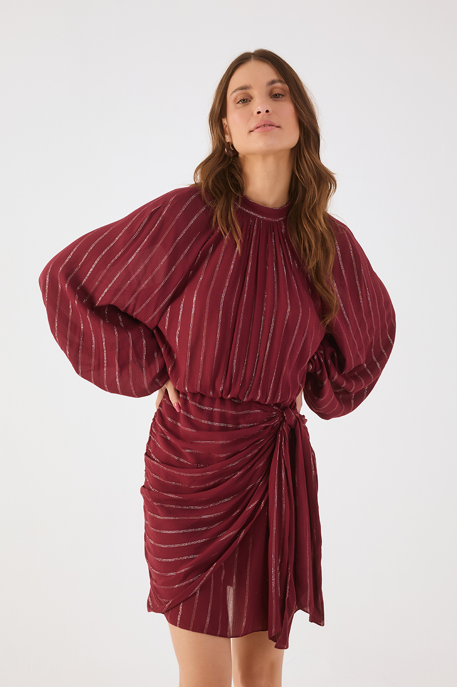 Wine Bossa High Neck Puff Sleeve Front Ties Mini Dress