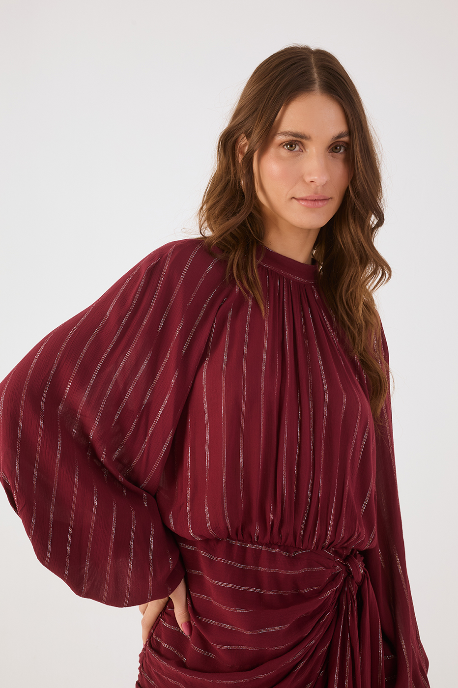 Wine Bossa High Neck Puff Sleeve Front Ties Mini Dress