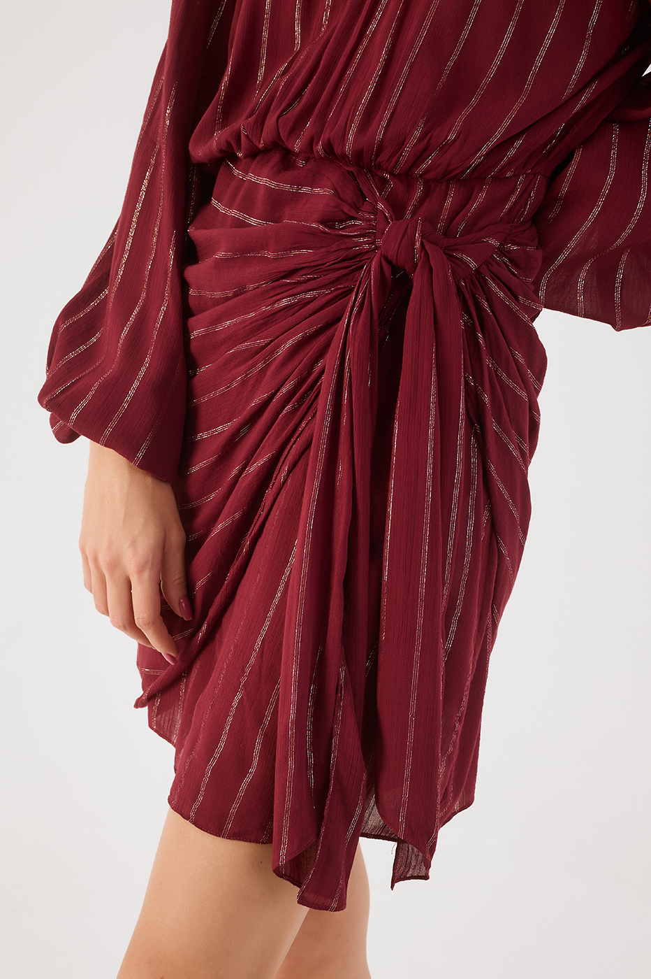 Wine Bossa High Neck Puff Sleeve Front Ties Mini Dress