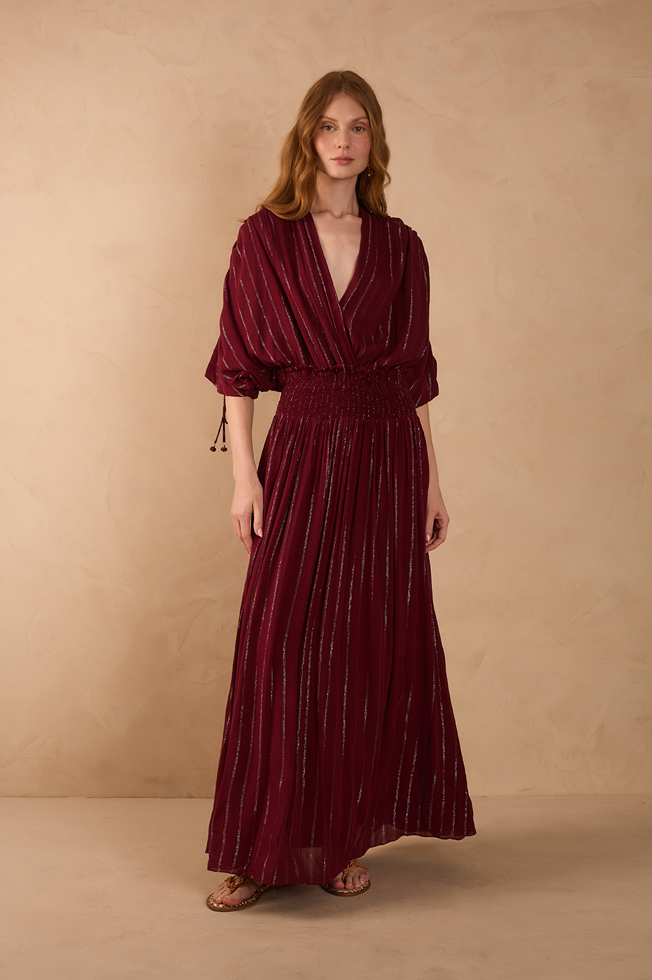 Wine Bossa Lurex V Neck Smocked Waist Ruched Sleeve Maxi Dress