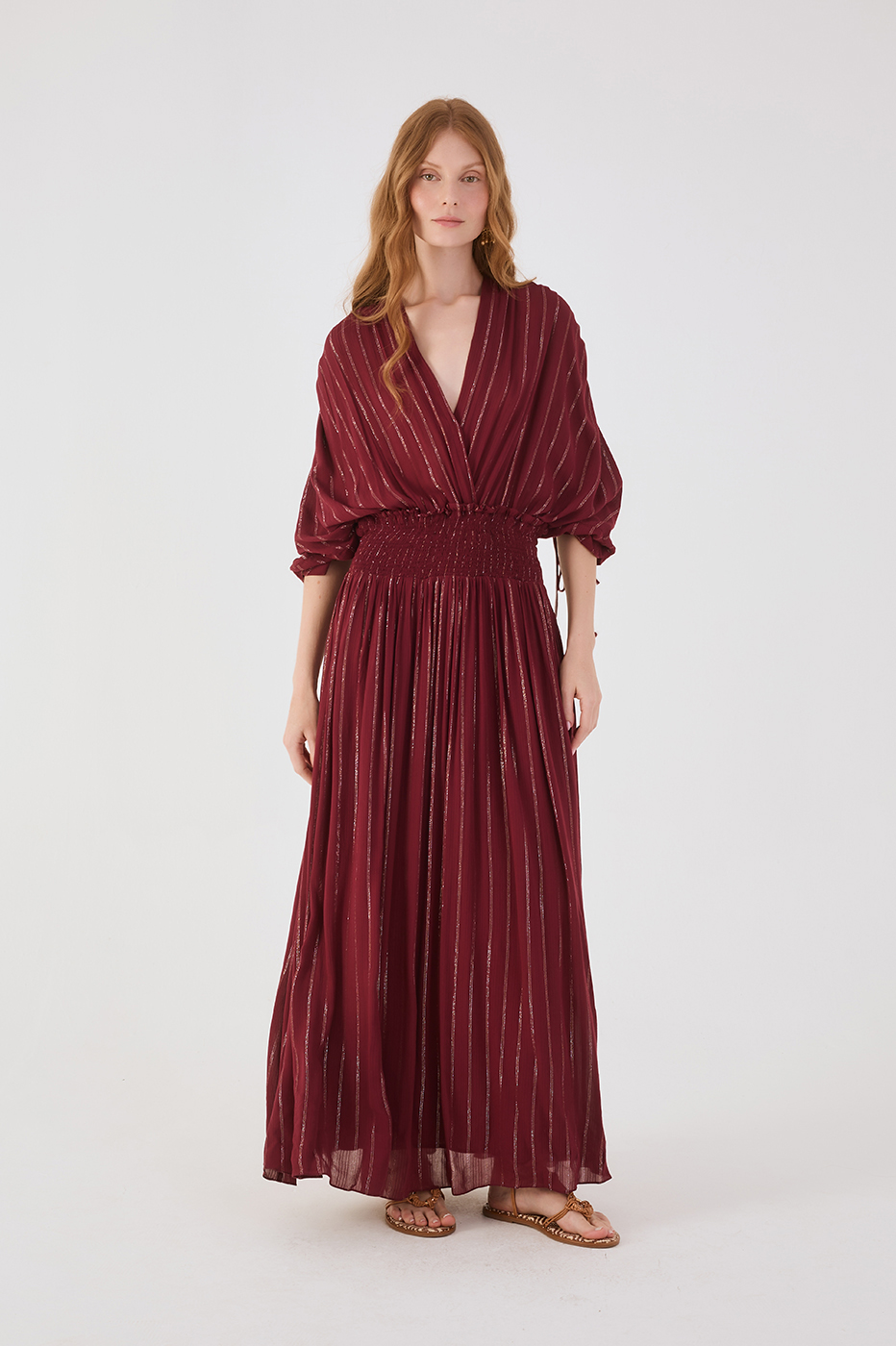 Wine Bossa Lurex V Neck Smocked Waist Ruched Sleeve Maxi Dress