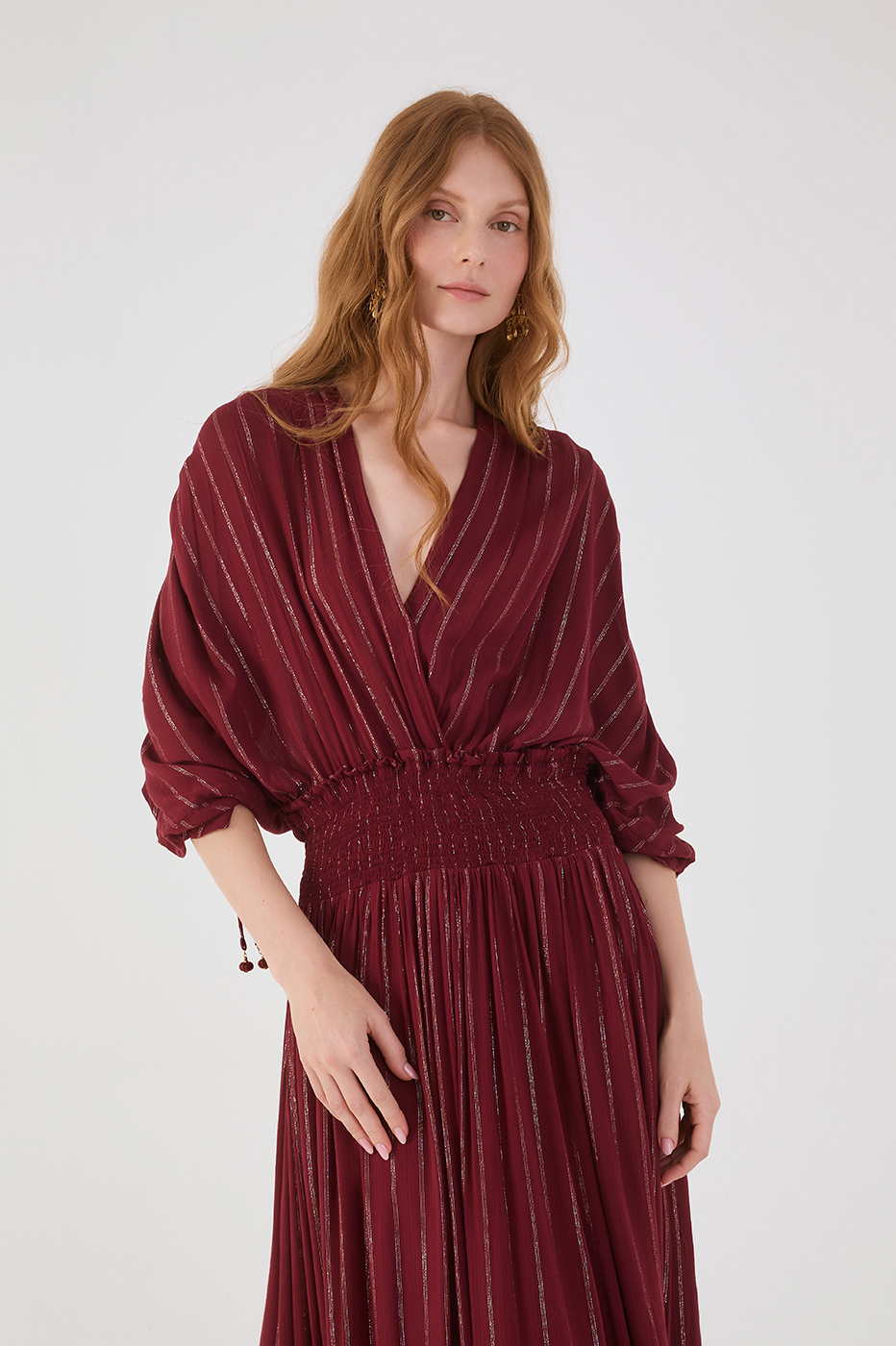 Wine Bossa Lurex V Neck Smocked Waist Ruched Sleeve Maxi Dress