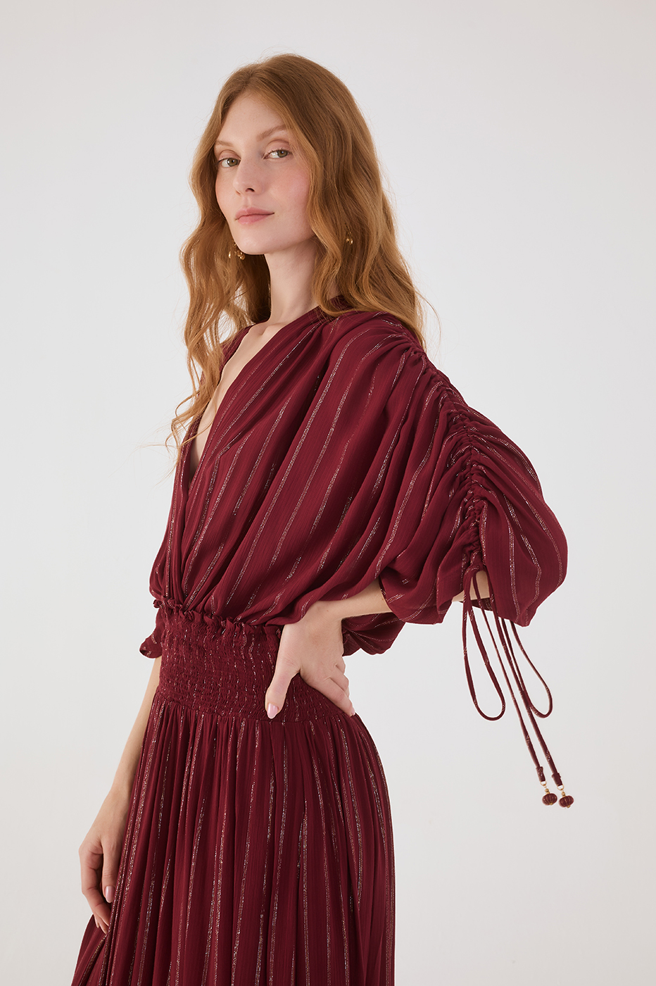 Wine Bossa Lurex V Neck Smocked Waist Ruched Sleeve Maxi Dress