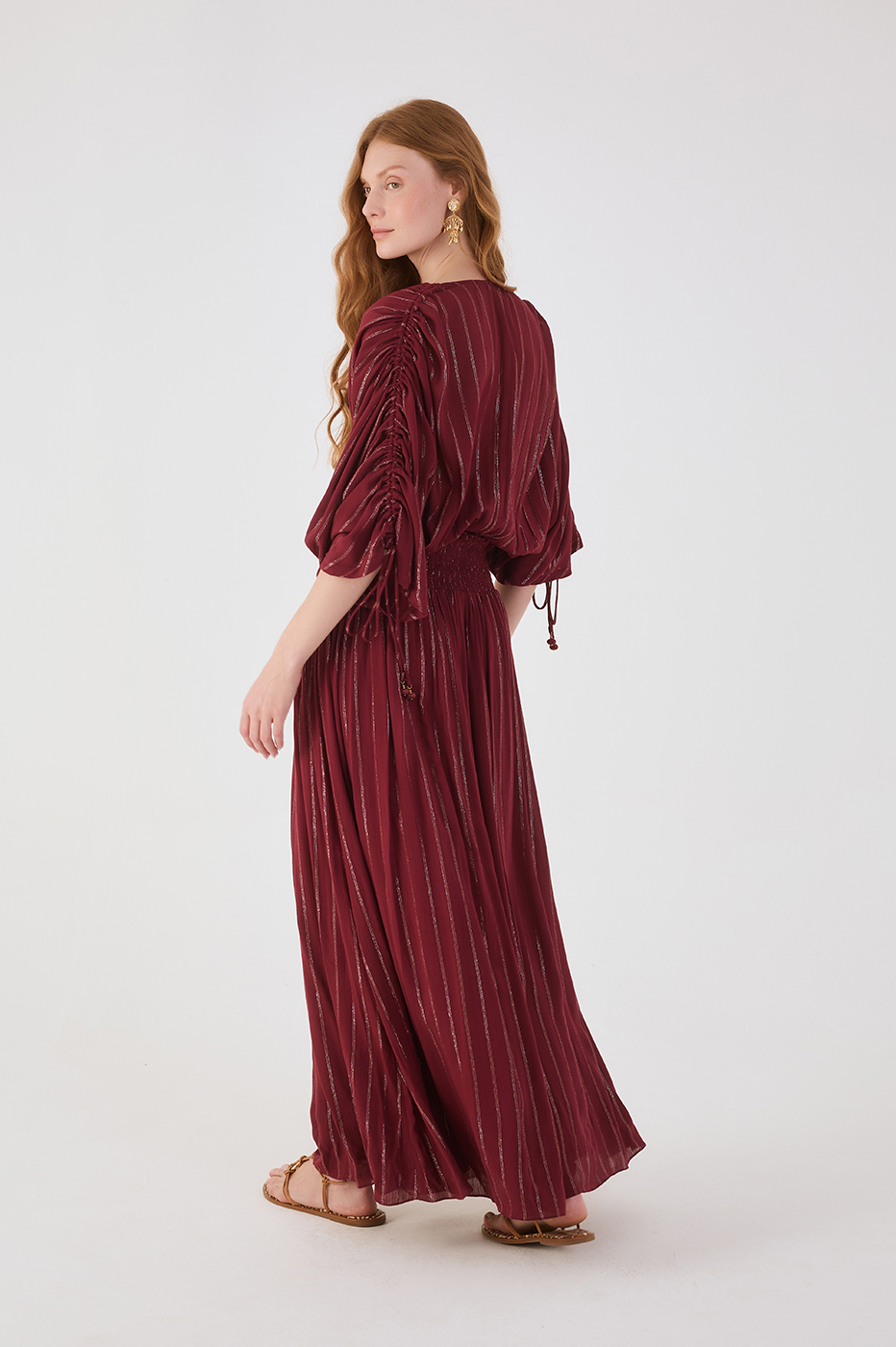 Wine Bossa Lurex V Neck Smocked Waist Ruched Sleeve Maxi Dress