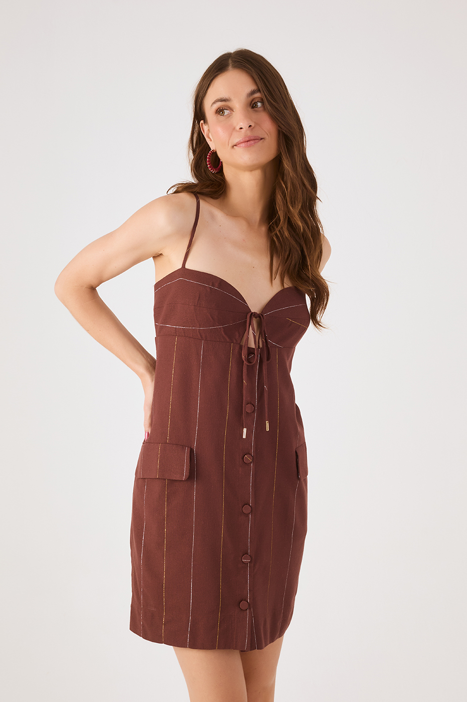 Brown Stripes Lurex Front Ties Sleeveless Buttoned Linen Mini Dress