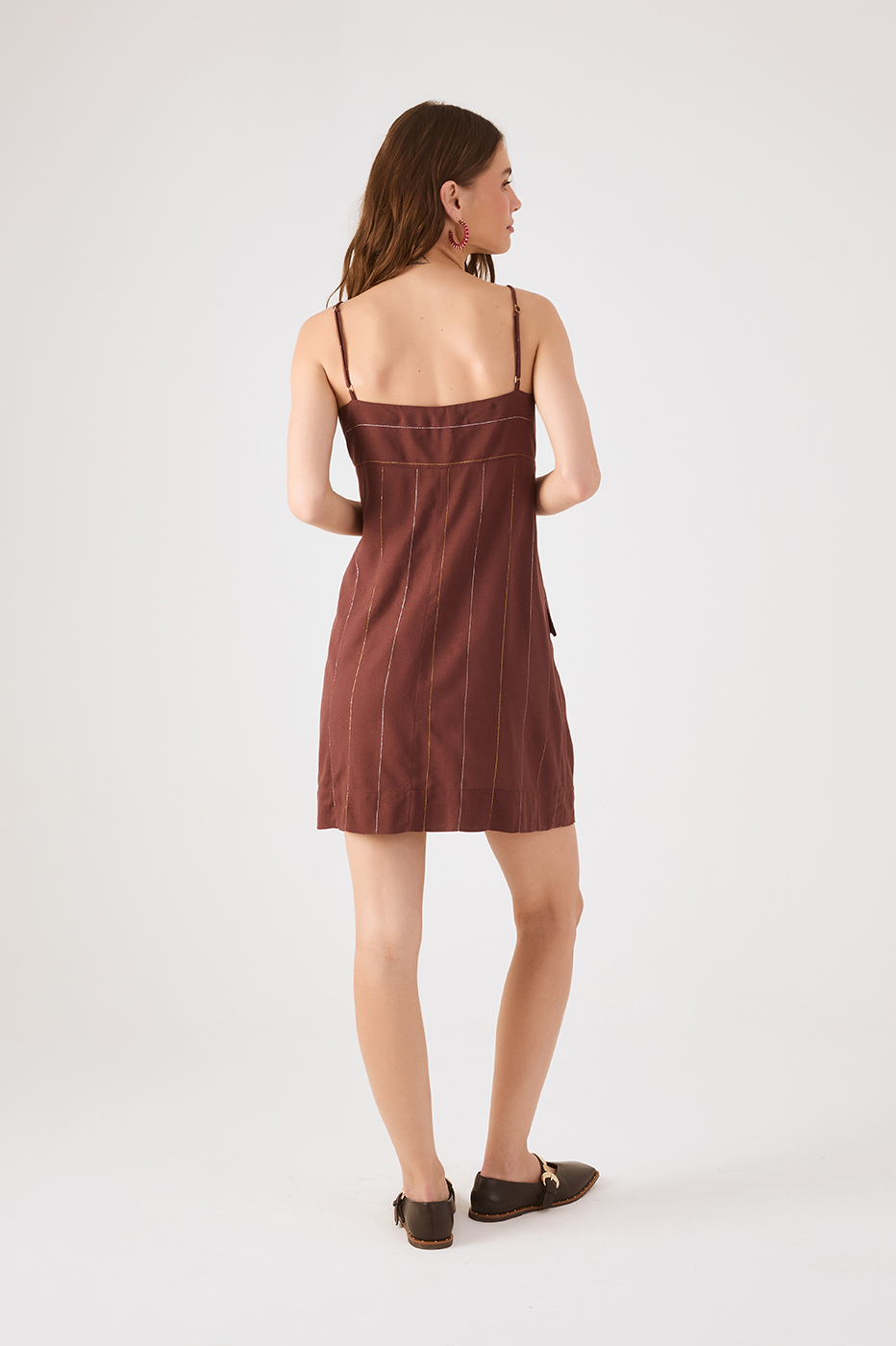 Brown Stripes Lurex Front Ties Sleeveless Buttoned Linen Mini Dress