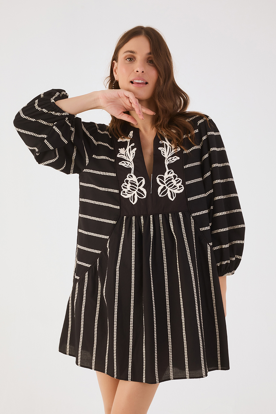 Black Embroidered Flowers V Neck Cotton Mini Dress