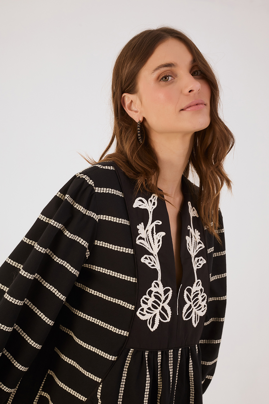 Black Embroidered Flowers V Neck Cotton Mini Dress