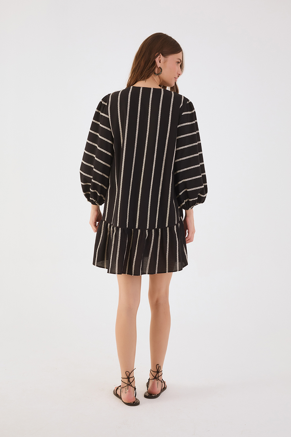 Black Embroidered Flowers V Neck Cotton Mini Dress