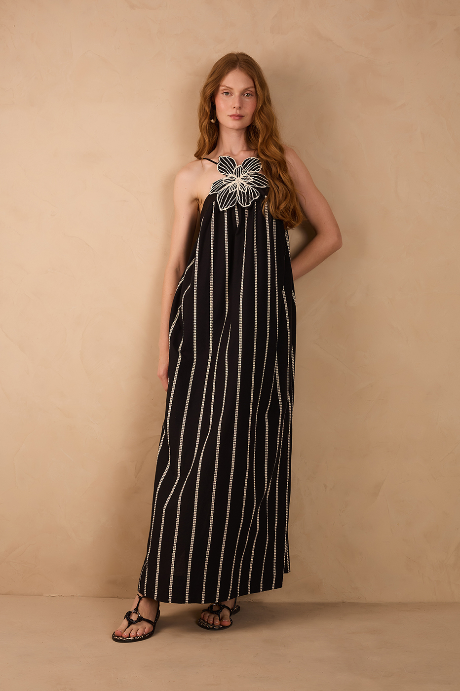 Black Embroidered Flower Adjustable Straps Cotton Maxi Dress