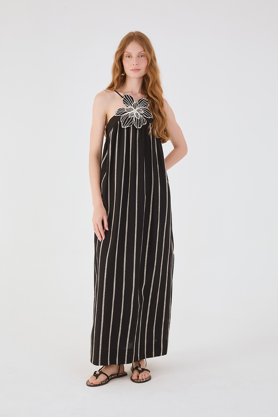 Black Embroidered Flower Adjustable Straps Cotton Maxi Dress