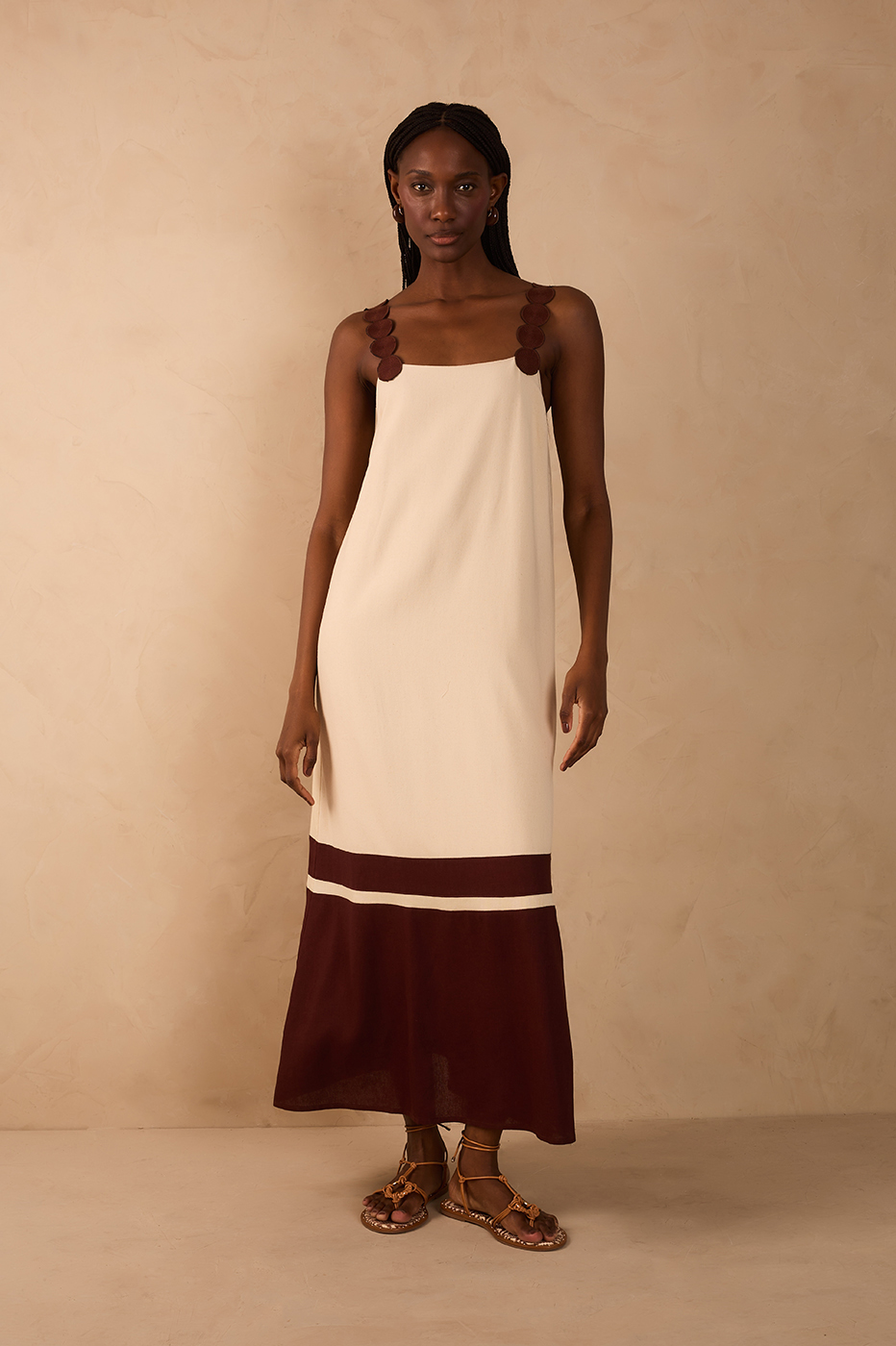 Brown And Off-White Embroidered Straps Maxi Dress