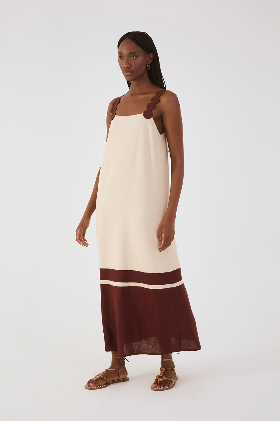 Brown And Off-White Embroidered Straps Maxi Dress