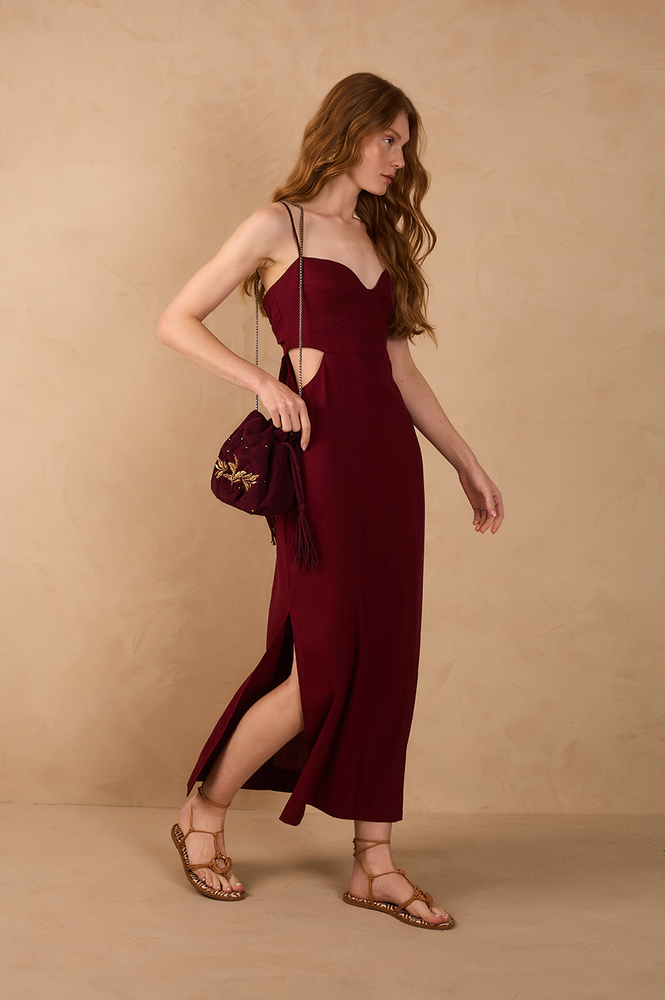 Wine Bossa Cut-Out Slit Back Ties Maxi Dress