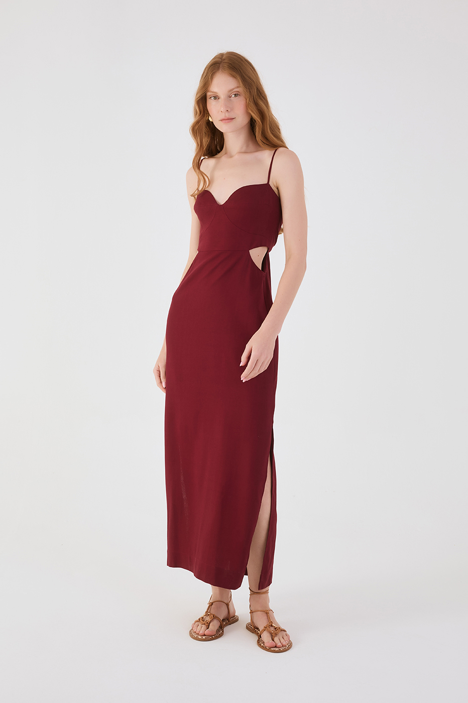 Wine Bossa Cut-Out Slit Back Ties Maxi Dress